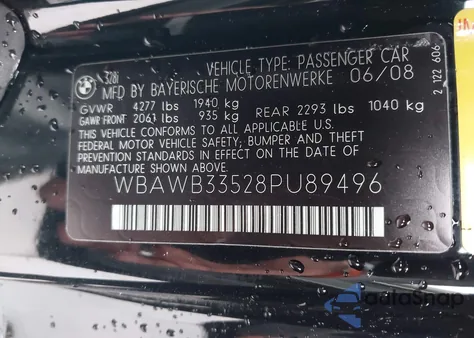 2008 BMW 328 from USA, damaged, VIN WBAWB33528PU89496